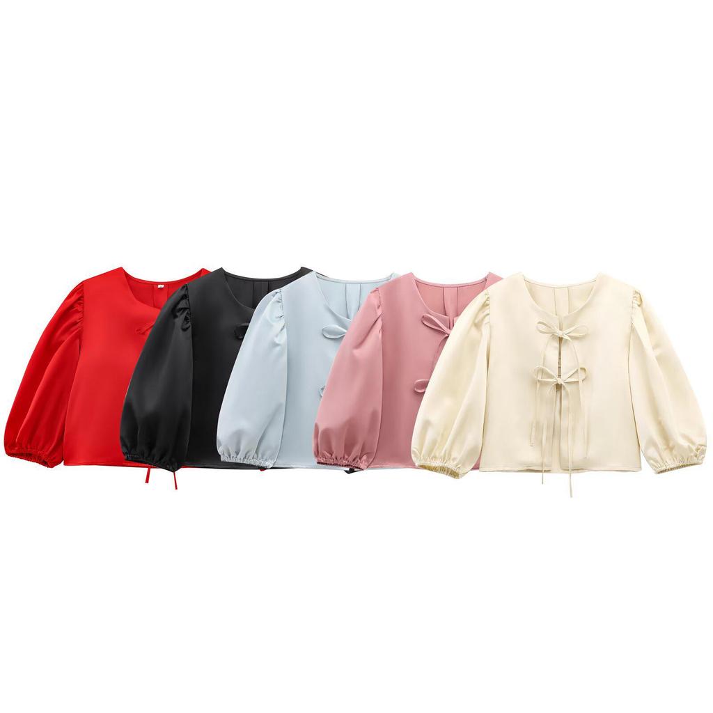 2025 Spring European & American Style Women's Satin Puff Sleeve Bow Top