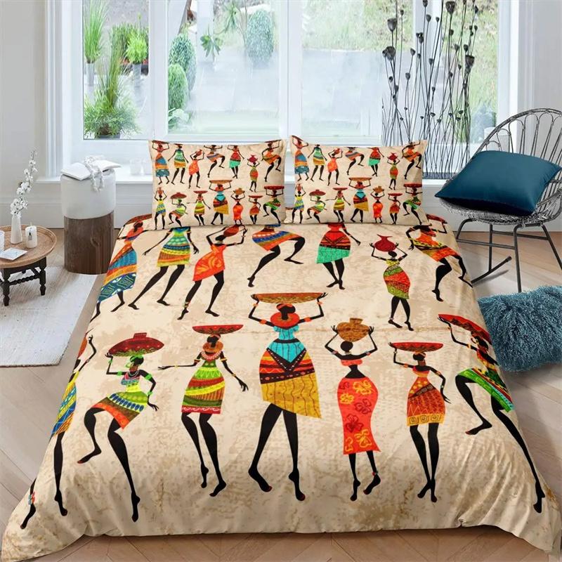 African Woman Bedding Set Vintage Africa Country Comforter Cover for Kids Boys Girls Teens Boho Style Exotic Nation Microfiber
