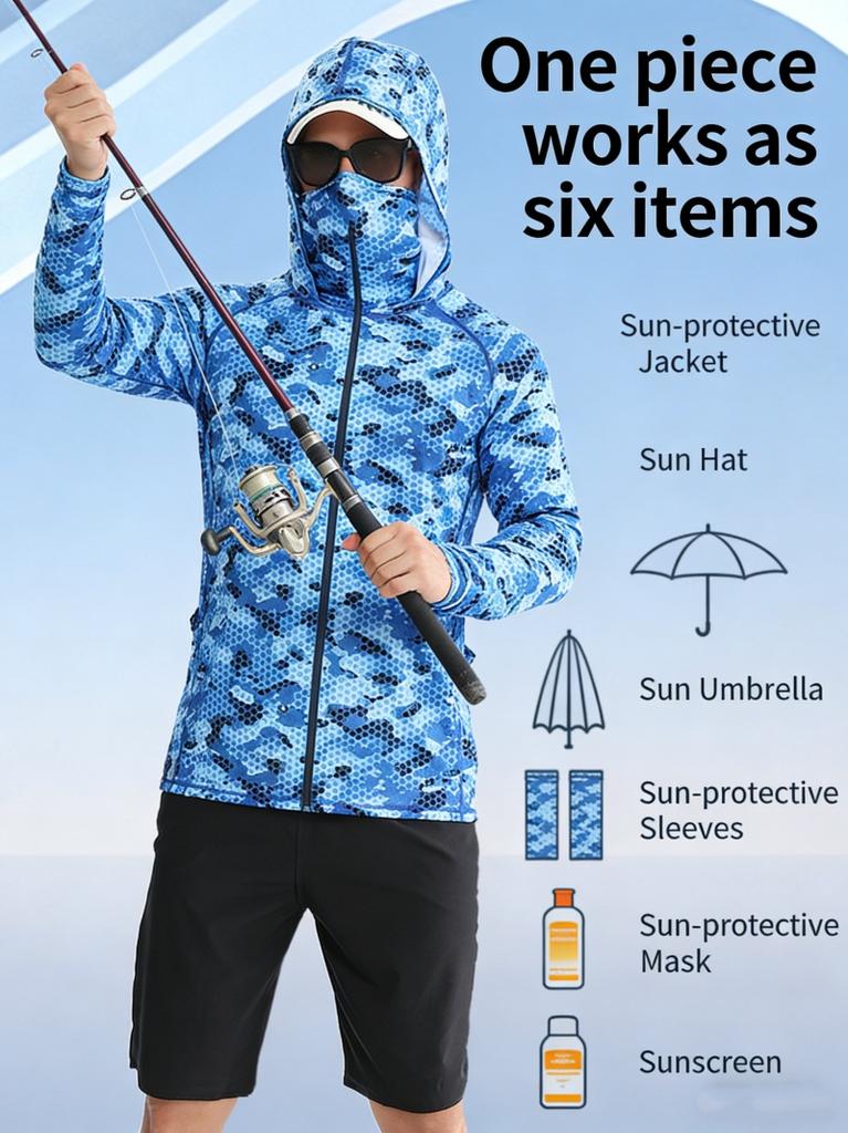 Polyester Breathable and Quick-drying Fishing Shirt Lure Fishing Hooded Sun Protection UPF50+ Fishing Clothes with Face Mask