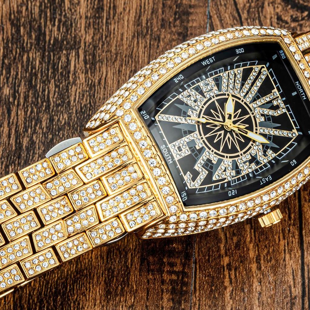 Luxury Mens Watches Fashion Hip Hop Iced Diamond Waterproof Tonneau AAA Quartz Wristwatch Male