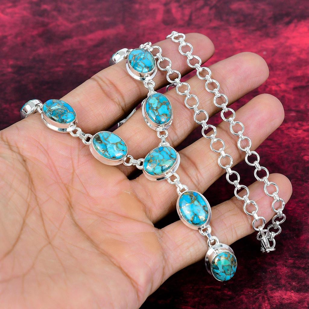 Colier cu piatră prețioasă lucrat manual cu turcoaz albastru, colier din argint solid 925, bijuterii antice, pentru cadou de logodnă