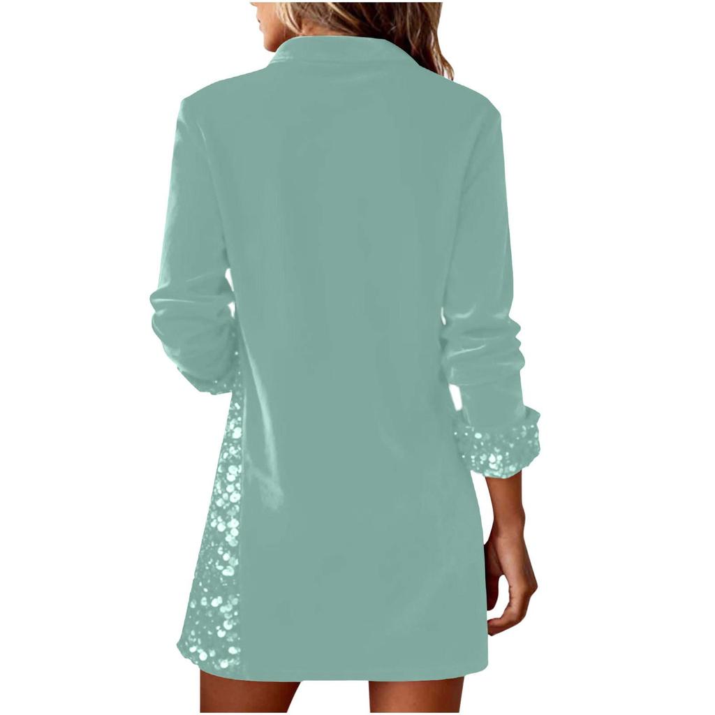 Women's Sequin Lapel Patchwork Dress – 14 Solid Colors, Long Sleeve Party Dancewear