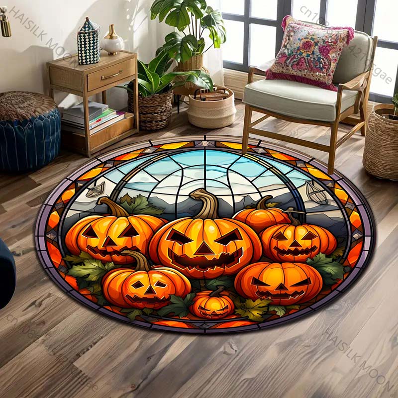 

Pumpkin Head Bat Castle Halloween Round Carpet Floor Mat Suitable for Children s Bedroom Decor Living Room Round Rugs for Gifts 60cm