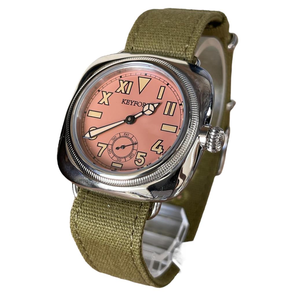 Military California Dial Watch Smoky Pink Green Fabric Strap M.R.M.W. Watch, Pink, Dial,