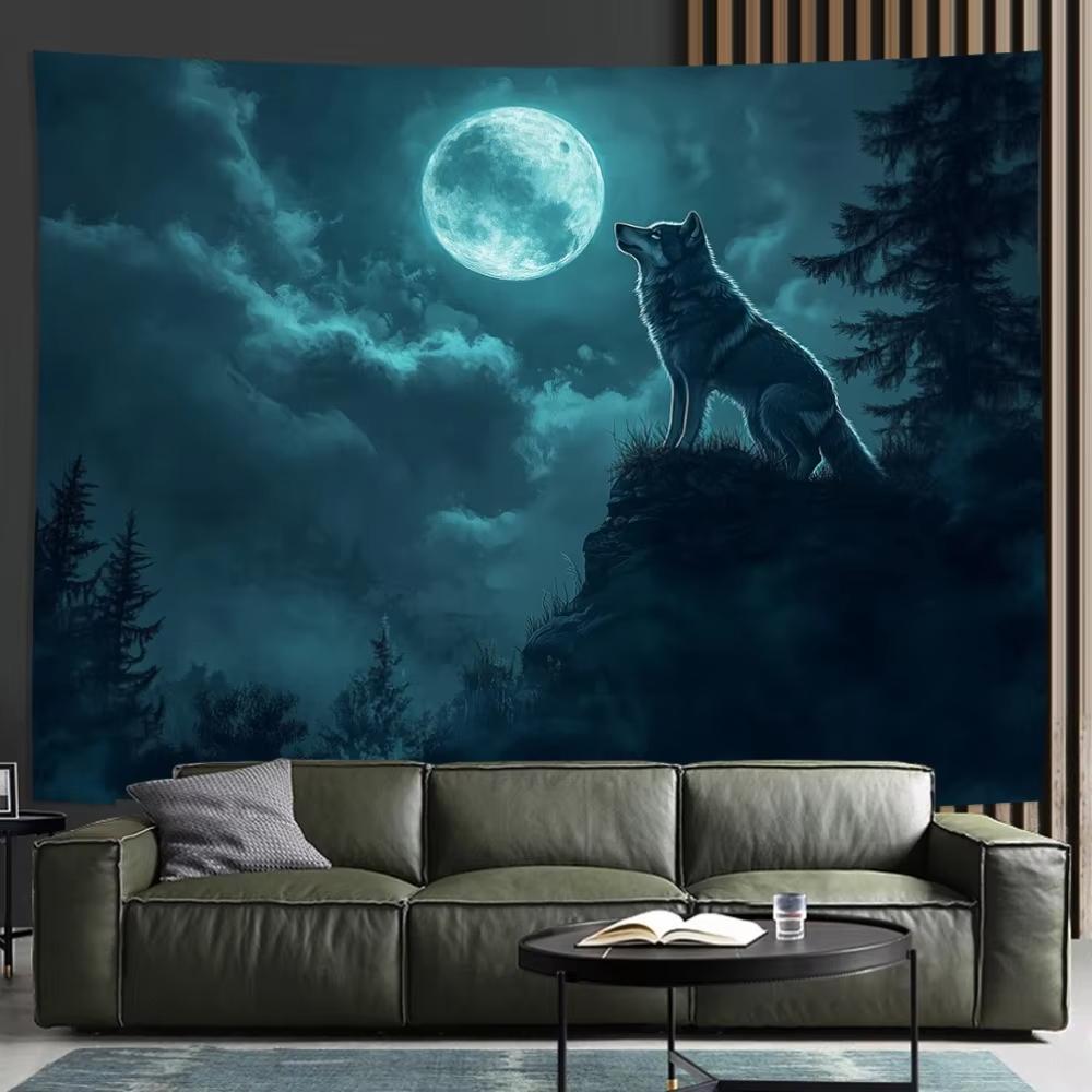 

VIKAMA Modern Wolf Moon Art Tapestry Scandinavian Style Wall Decoration for Living Room Bedroom Entryway Ins Style 74x94cm(29x37in)