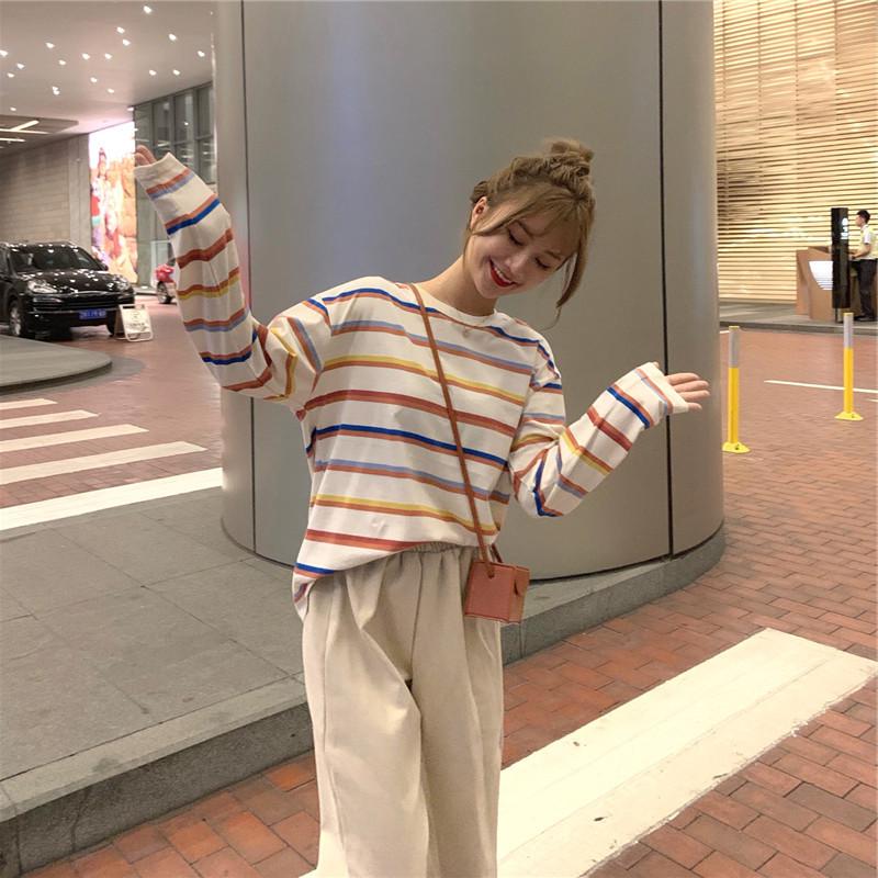 Women's Contrast Stripe Long-Sleeve T-Shirt - Autumn 2025 Korean Loose Casual Style
