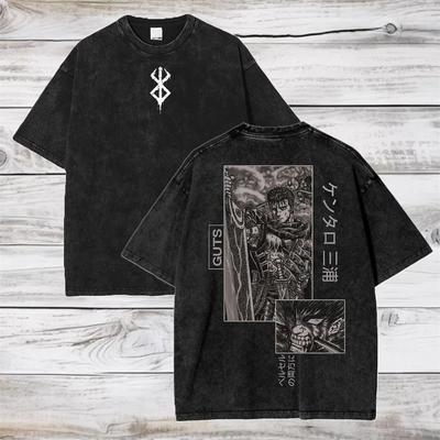 Anime Berserk Baumwoll T-Shirt Hip Hop Streetwear T-Shirt Guts Gewaschenes T-Shirt Sommer Herren Lässig Locker Kurzarm Harajuku