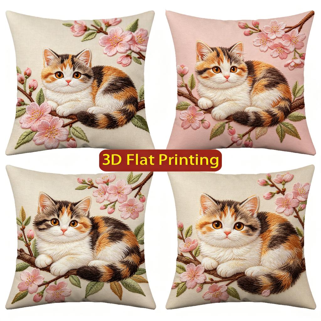 Spring Calico Cat Floral Throw Pillow Covers Pattern Cushion Cover Suitable For Sofa Bedroom Car Pillow Cover