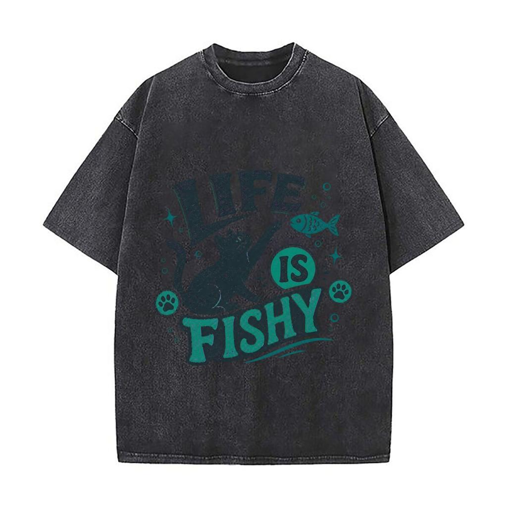 La vie est poissonneuse Badge Humoristique Chat Rétro Lavé Usé T-shirt Homme Été Décontracté Manches Courtes