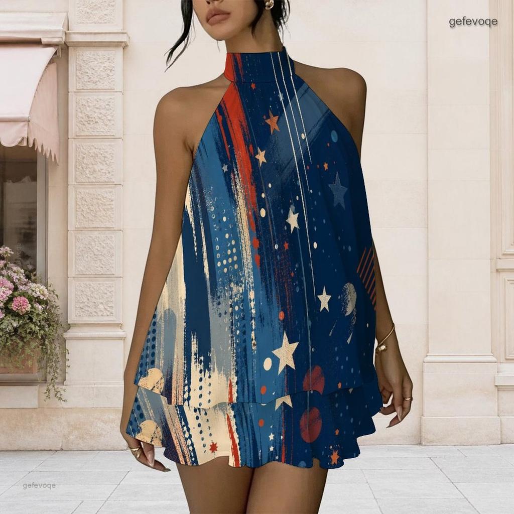 Women Plus Size Halter Neck Sleeveless Open Back Printed Faux Two Piece Layered Mini Dress