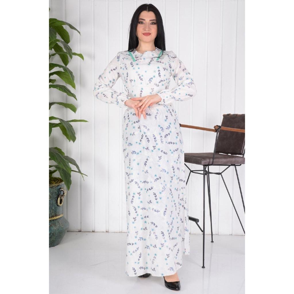 Long Hijab Elastic Waist And Embroidered Dress / Blue Flower Embroidery (brode) Slim Fit Buy A Larger Size