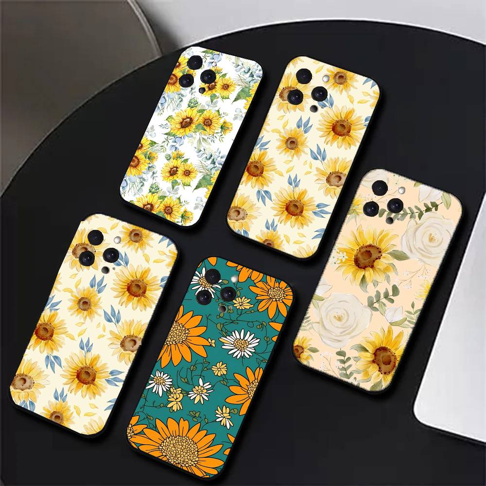Sunflower Flower Sea Phone Case For IPhone 17 Air 16 15 14 13 Pro Max 11 12 Black Silicone Cover