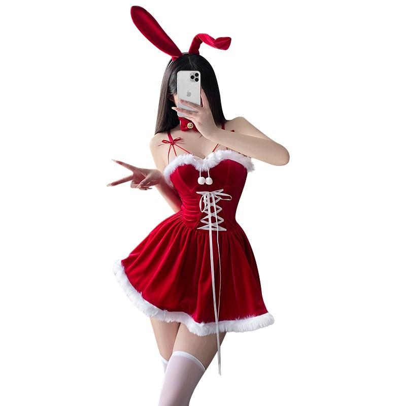 Womens Cute Bunny Cosplay Dress Set With Headpiece Choker Red Festive Party Events Halloween Game Roleplay