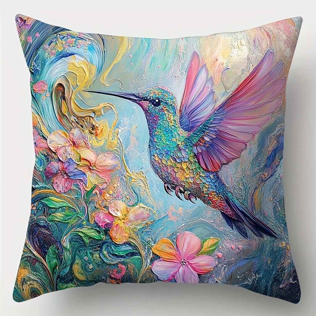 Juego 4 piezas, funda para cojín sofá, funda almohada colorida con colibríes, 44.96 cm * 44.96 cm, impresión en un solo