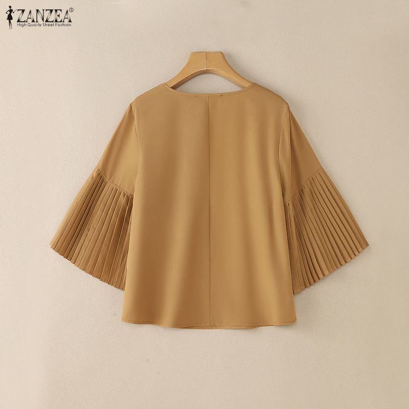ZANZEA Women Casual Round Neck Solid Color 3/4 Sleeve Blouse