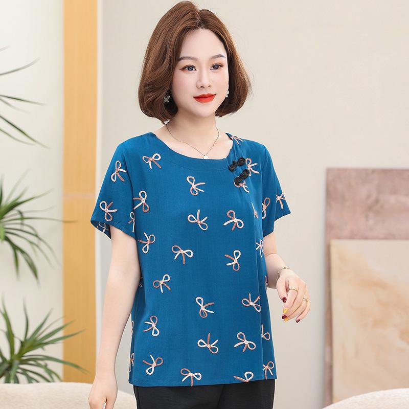 

Cotton Silk Loose Plus Size Summer T-shirt for Middle-aged & Elderly Women 3XL (120-135 lbs)