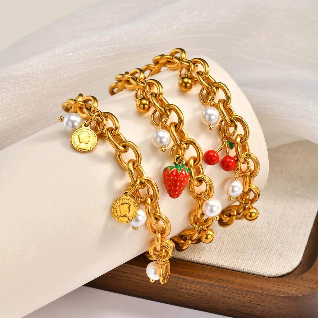 Sweet Mori Cherry Strawberry Pearl Stainless Steel Bracelet Women'S, Versatile Premium Adjustable Jewelry
