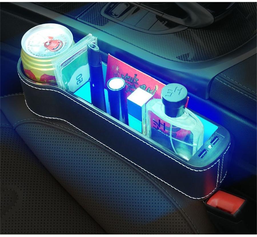 Left Side Car Seat Crevice Gap Storage Box Cup Holder 2 USB Colorful LED Light
