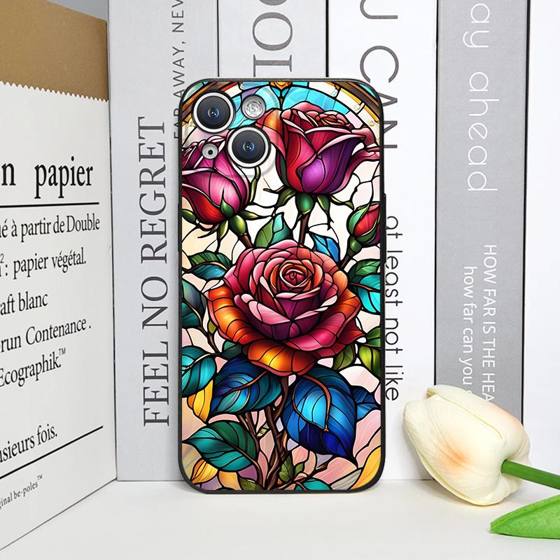 Colorful Glass Style Rose Flower Pattern Phone Case for iPhone 17 16 12 11 14 Plus 13 14 15 Pro Max Mini X XS Floral Soft Cover