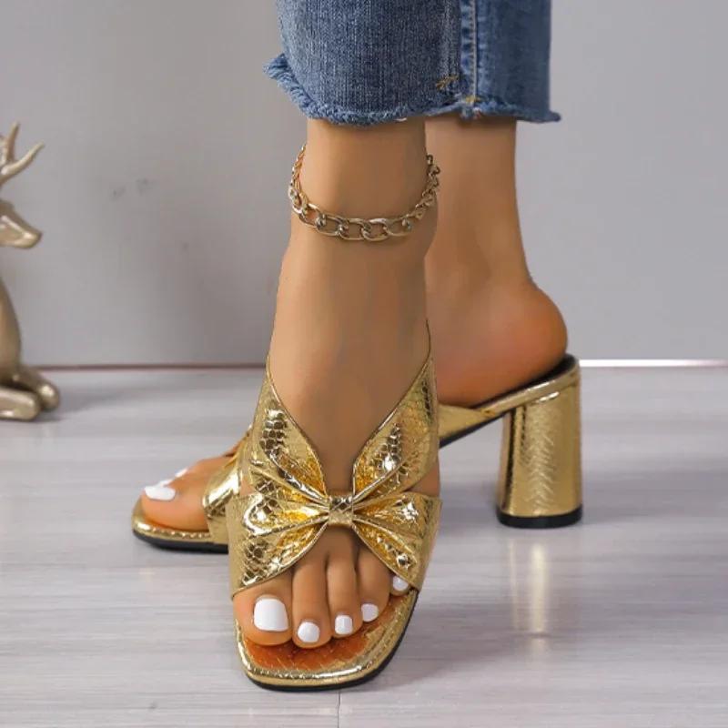 2024 Summer Silver Square Head Chunky Heel Flip-flops Open Toe Sandals French Gold High-heeled Half Slippers Shoes for Women