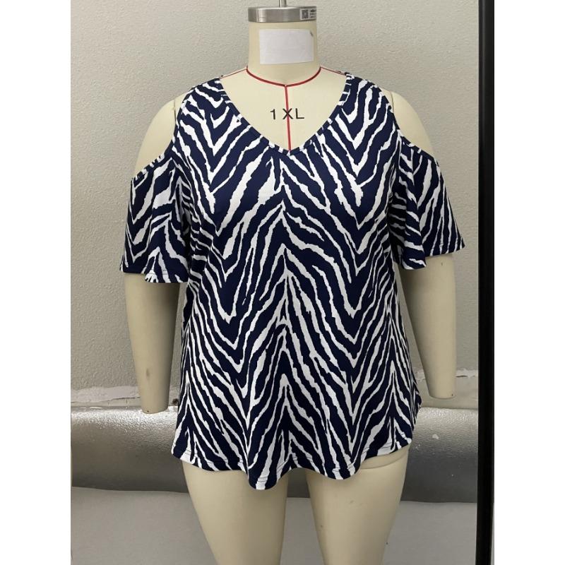 Summer New Women's Zebra Pattern V-neck Short-sleeved Casual Off-shoulder Top