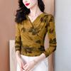 New Winter V-neck Mesh Base Shirt for Women with Small Shirt Printed Long-sleeved T-shirt Top