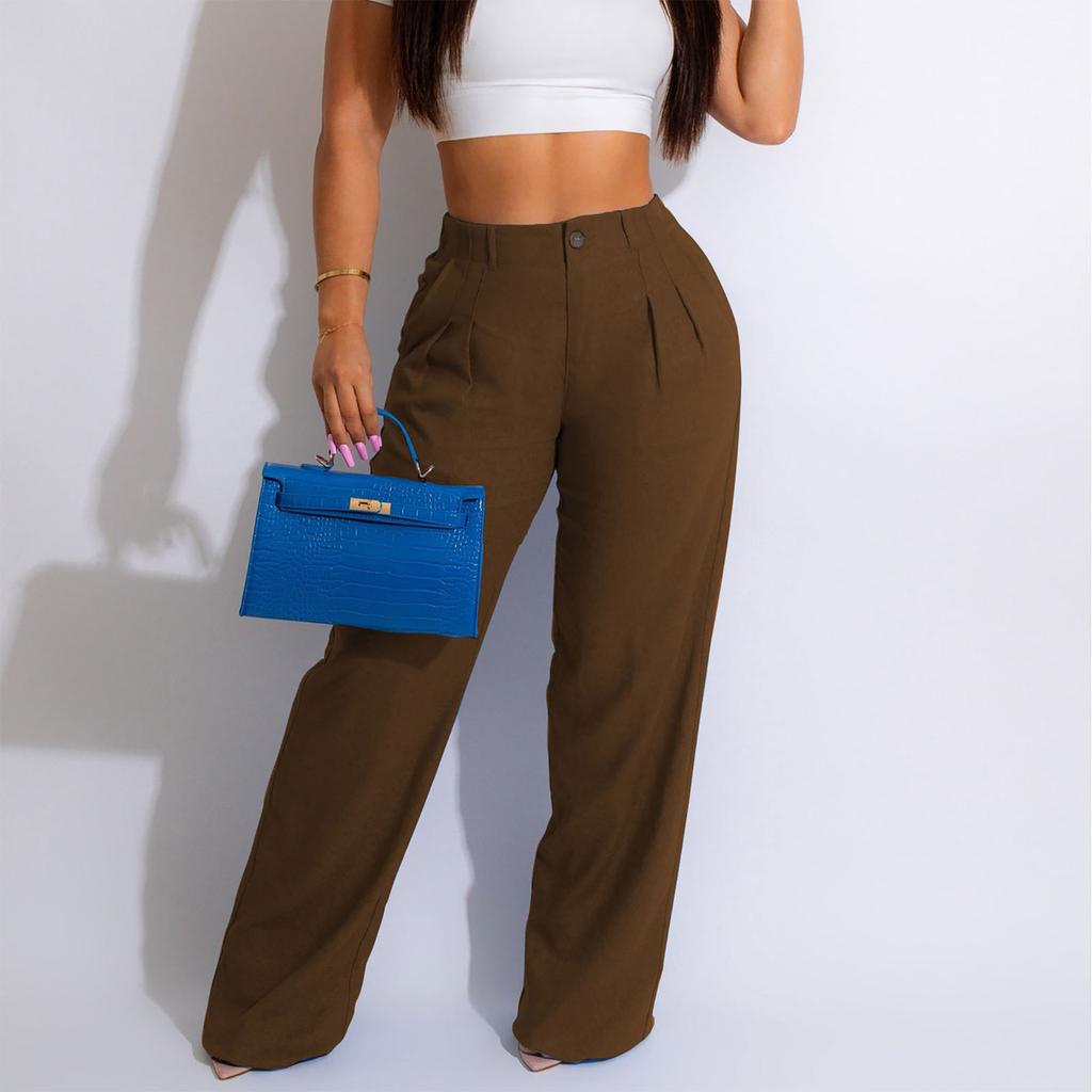 Women's Solid Color Wide Leg Pants Long Pants Casual Pants High Waist Pleated Pants Loose Waist With Zipper Buttons Casual Pants