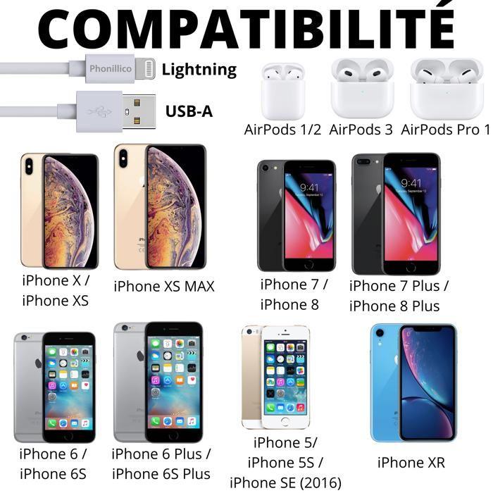 Cable 20cm USB Lightning Chargeur Blanc pour iPhone X/XS/XS MAX/XR/7/7 PLUS/8/8 PLUS/6/6S/6 PLUS/6S PLUS/5/5S/SE/AirPods Phonillico