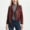 Women Jacket Faux Leather Smooth Surface Turn-down Collar Zip-up Zipper And Rivet Decor Long Sleeves Motorcycle Coat Travel Outerwear