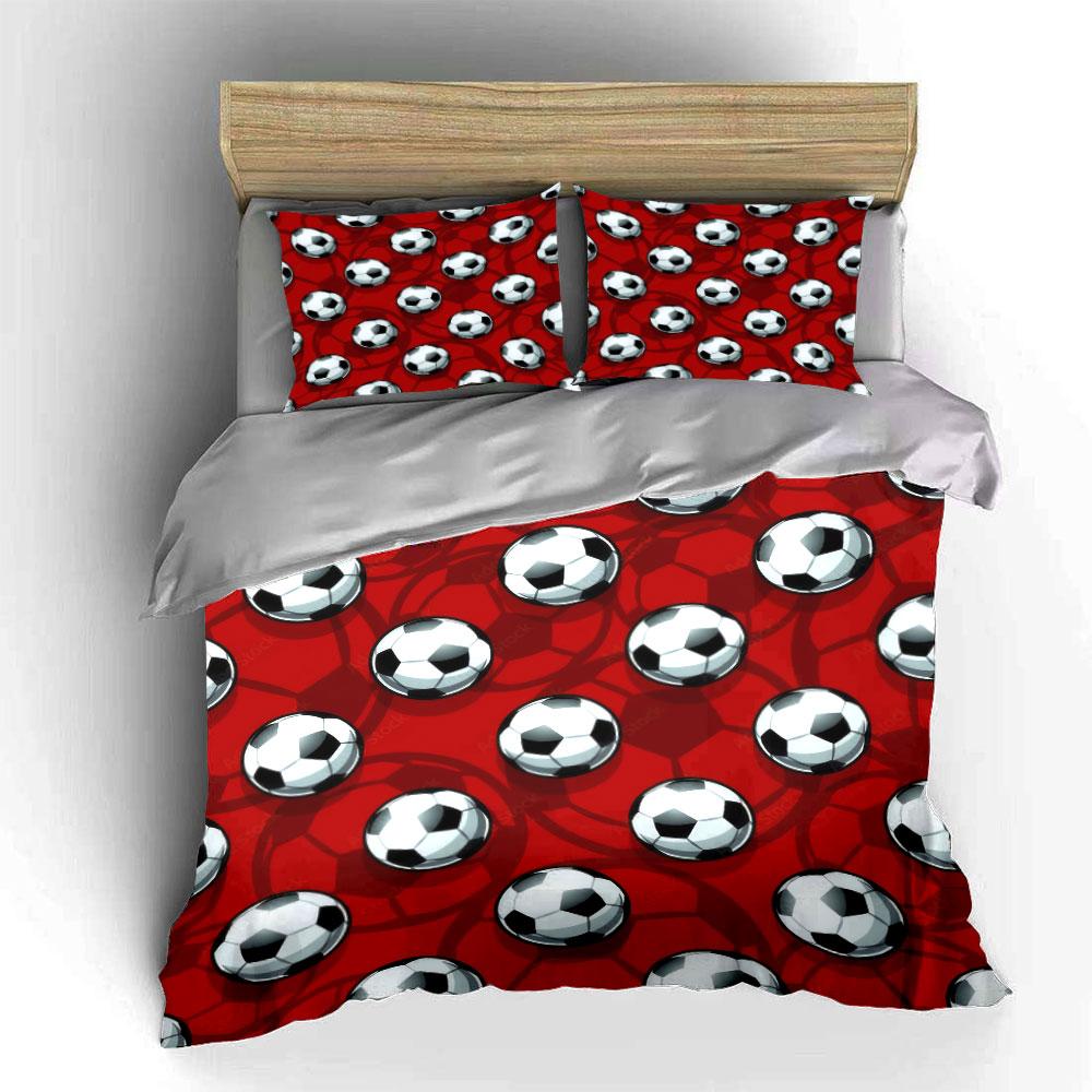 Red Background Soccer Ball Pattern 3Pcs Bedding Set Soft Microfiber Bed Sheet Pillowcase Set For Kids Football Fans Room Decor