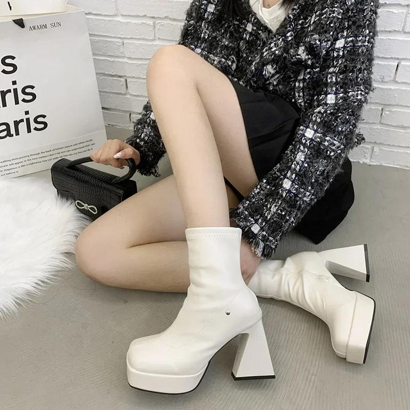 Super High Heel Women Short Booties Fashion Side Zippers Ankle Booties Autumn Female Platform Thick Heel Shoes