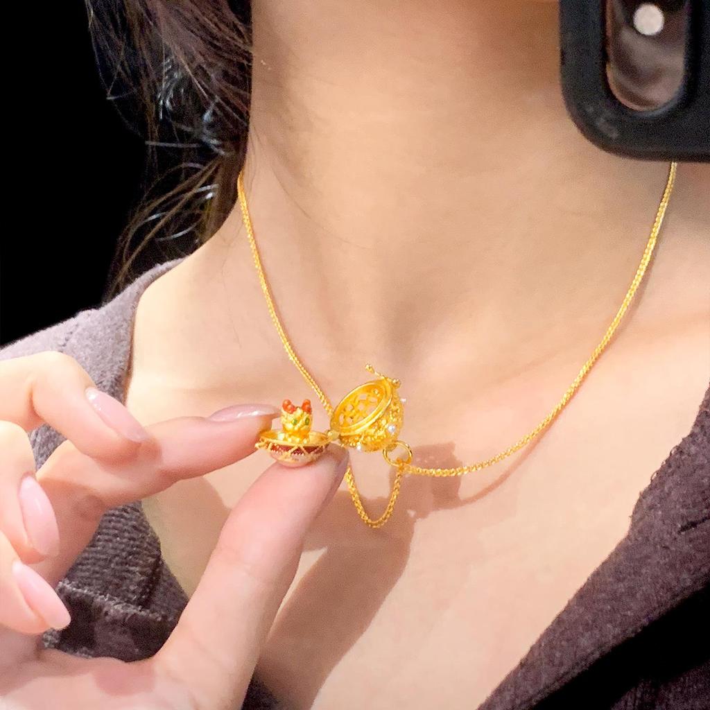 Exquisite Rotatable Dragon Pendant Necklace: Sand Gold Enamel, Old Money Style, Auspicious Women's Accessory