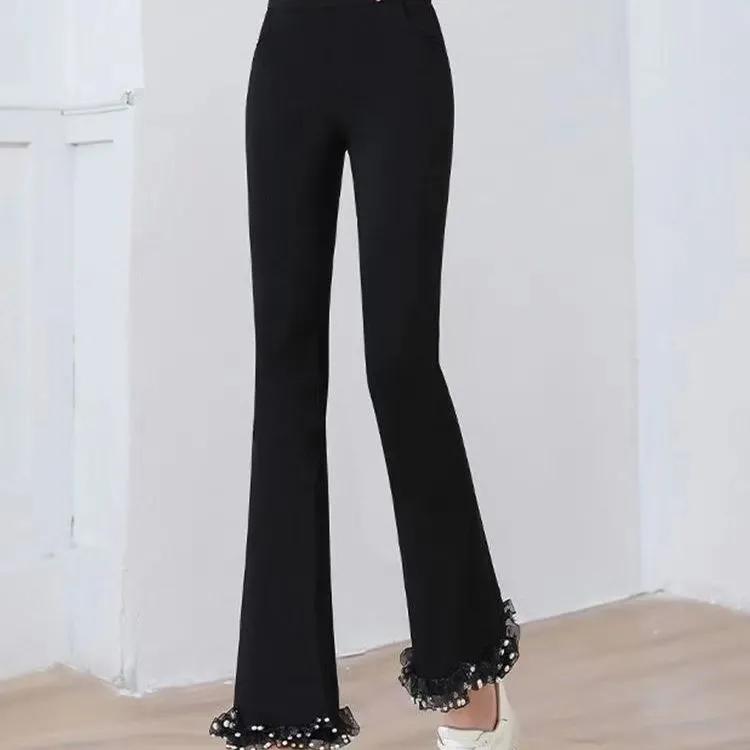 Women Office Lady Black Flare Pants Patchwork Lace Polka Dot Elastic High Waist Slim Trousers