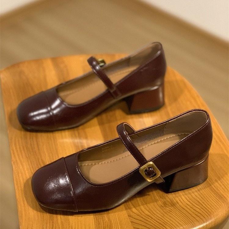 2025 Autumn New Thick Heel Mary Jane Shoes Women's Shallow Mouth One-word Buckle Strap Single Shoes High Heels