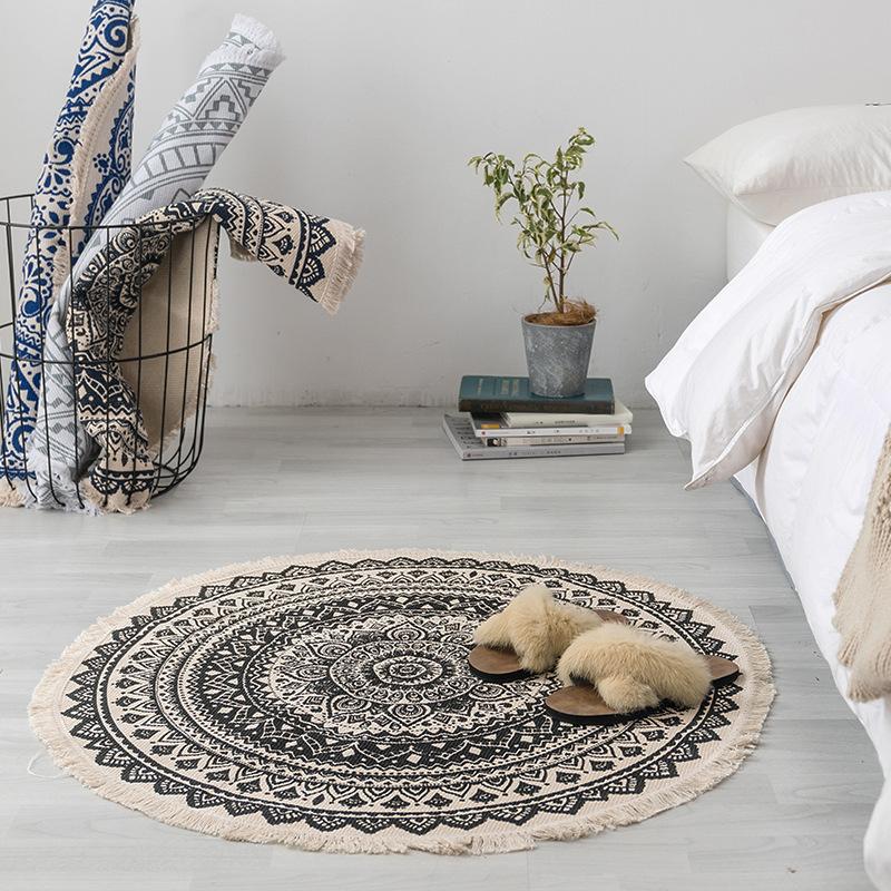 Nordic Round Carpet Rugs Boho Ethnic Mandala Tassel Carpet for Living Room Cotton Linen Big Floor Rug Modern Classic 90cm Mats