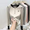 Splicing Contrasting Color Round Neck Long-sleeved Shirt Women's Spring Slim-fitting Chic Inner Bottoming Shirt Autumn and Winter Button-up Top