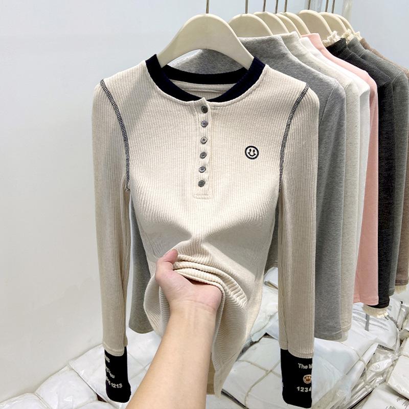Splicing Contrasting Color Round Neck Long-sleeved Shirt Women's Spring Slim-fitting Chic Inner Bottoming Shirt Autumn and Winter Button-up Top