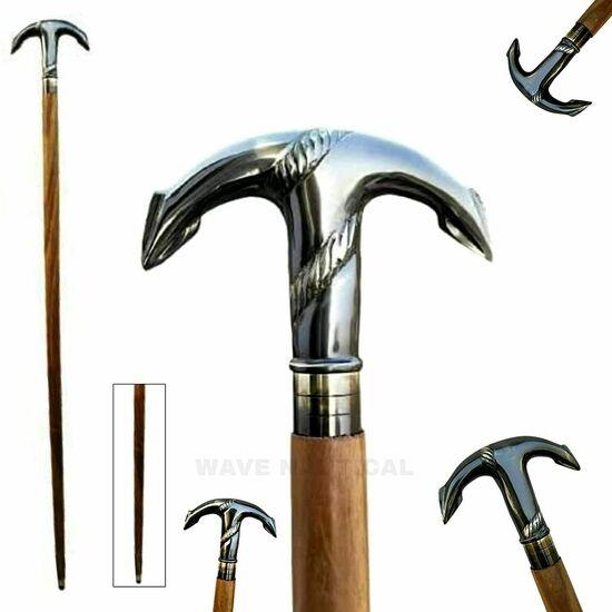 Brass Vintage Walking Stick Solid Ship Anchor Head Handle Wooden Walking Stick