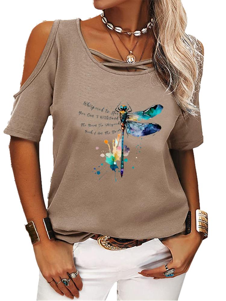 Damski Modny T-shirt z Krótkim Rękawem Casualowy Okrągły Dekolt Letnia Koszulka z Nadrukiem Top Odkryty z Ramion