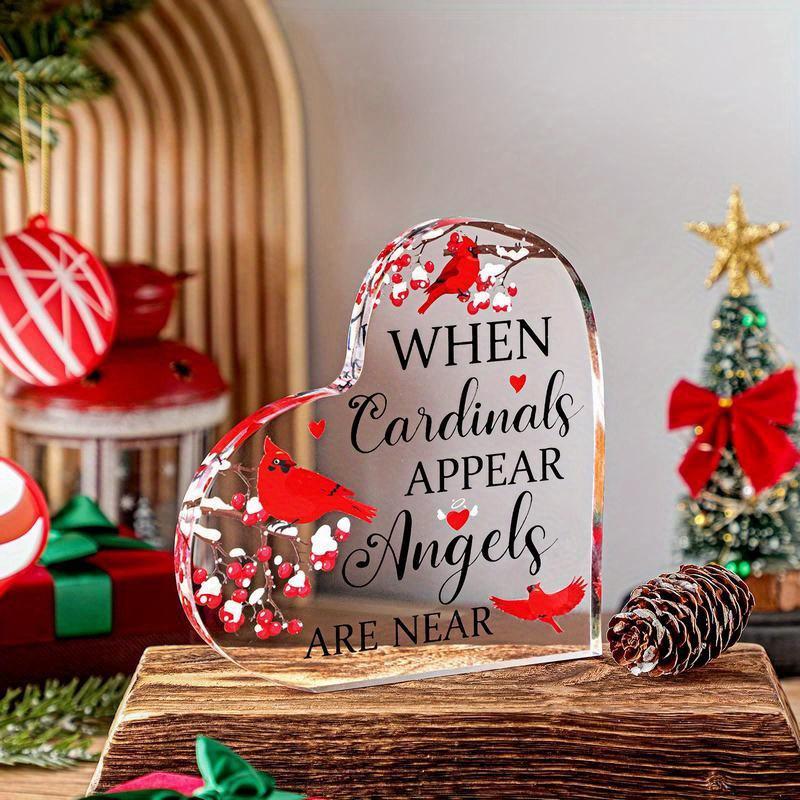 2D Flat "When Cardinals Appear Angels Are Near" Heart-Shaped Acrylic Memorial Desk Decor Plaque, Red Cardinals & Berries, suitable for wall decoration