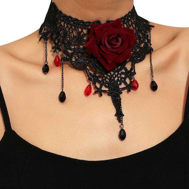 Gothic-Halsketten, schwarze Perlenblumen, sexy Spitzenhals-Halskette, Vintage-Quastenkette, Damen-Steampunk-Halloween-Schmuck