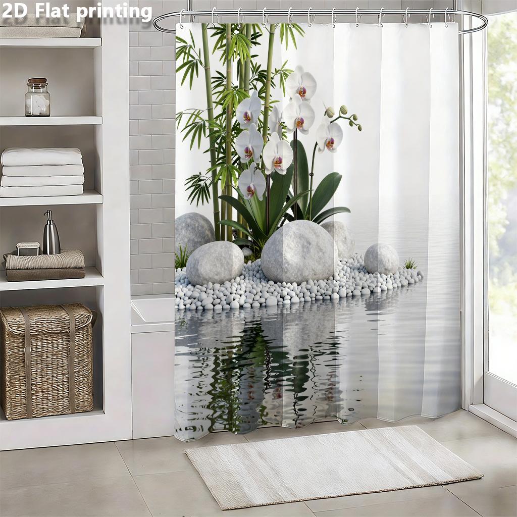 Zen Bamboo Orchid Water Garden Shower Curtain Machine Washable All Season Waterproof Privacy Protection Nature Design Peaceful