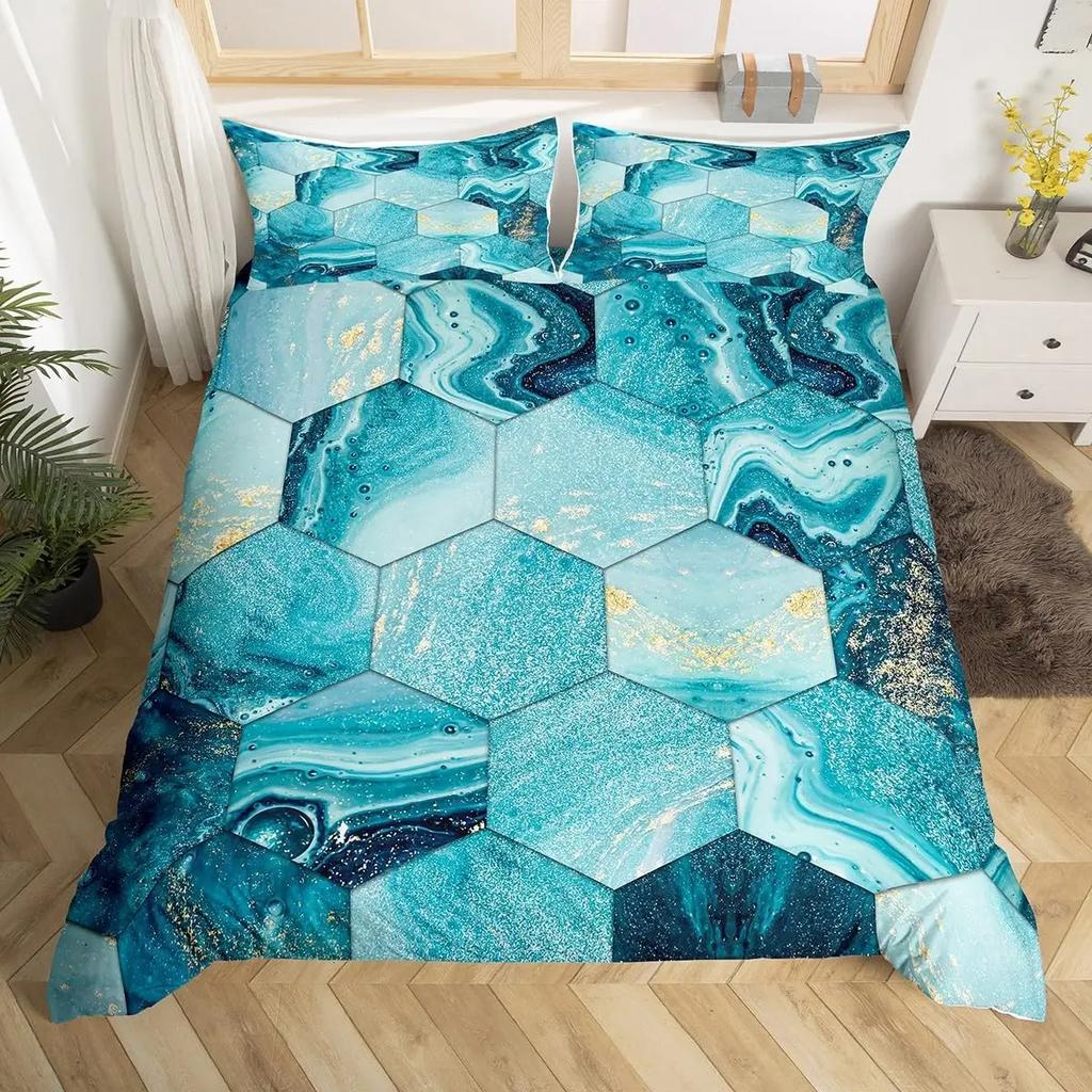 Blue Marble Duvet Cover, Geometric Comforter Cover Twin Queen Size Golden Stone Pattern Bedding Set Abstract Trippy Quilt Cover