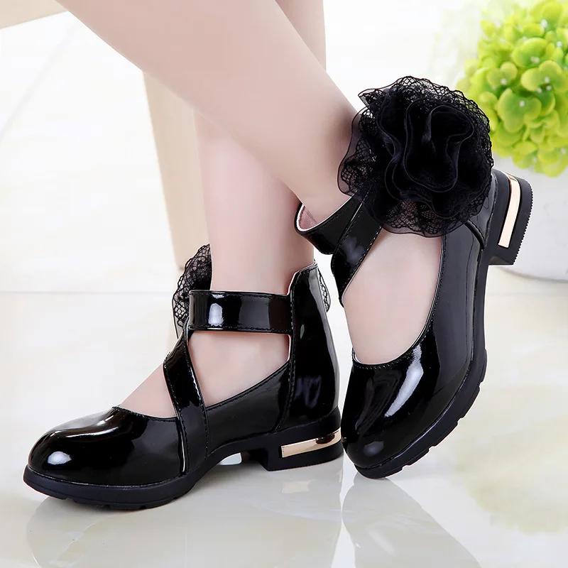 

Girls Leather Shoes Big Lace Flowers Soild Color Kids Performance Shoes Chic Soft Sole New Children Fashion Shoes Glossy 37