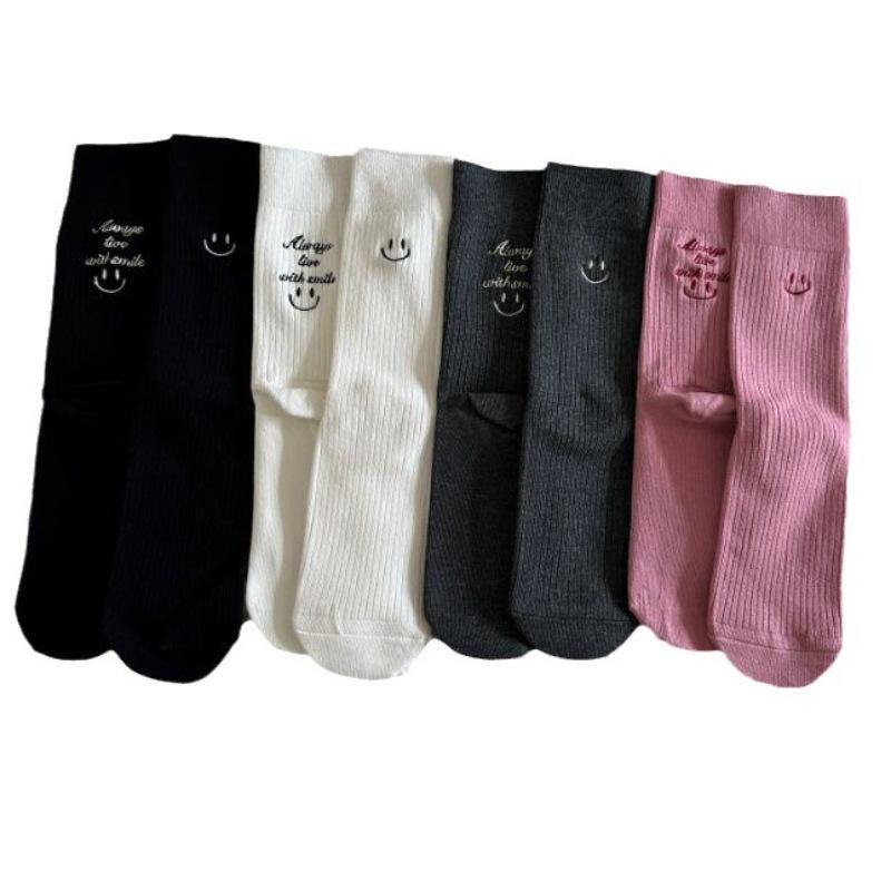 AB Version Women's Socks with Embroidered Smiling Faces, Unique Mid-calf Socks, Fashionable and Stylish, Pure Cotton Trendy Socks