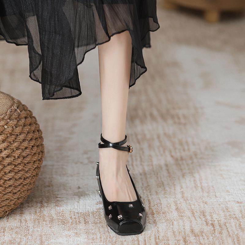 

Spring and autumn black ballet single shoes fashionable versatile high heels new niche rhinestone cross strap Mary Jane women s shoes 34