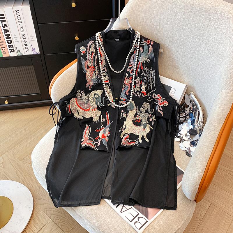 Vintage Chinese Style Vests Jacket Stitched Mesh Embroidered Buckle Tang Costume Coat Summer Unique Sleeveless Women's Vest