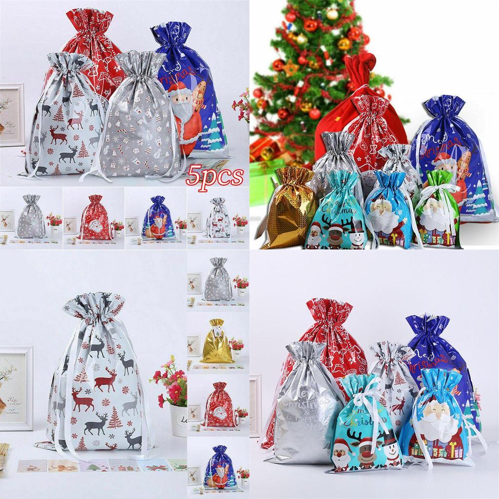 Adorable 5pcs Christmas Sacks Reusable Drawstring Gift Bags For Kids' Gifts