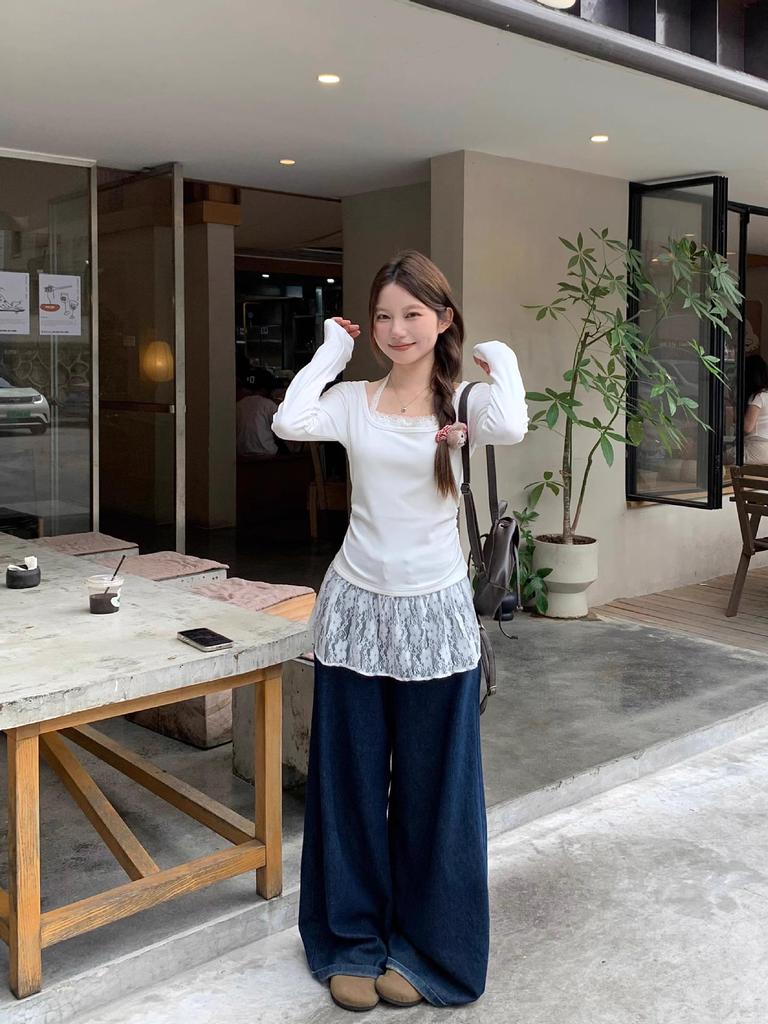 Women's Spring & Autumn Slimming Ballet-Style Lace Patchwork Long Sleeve Base Shirt - White