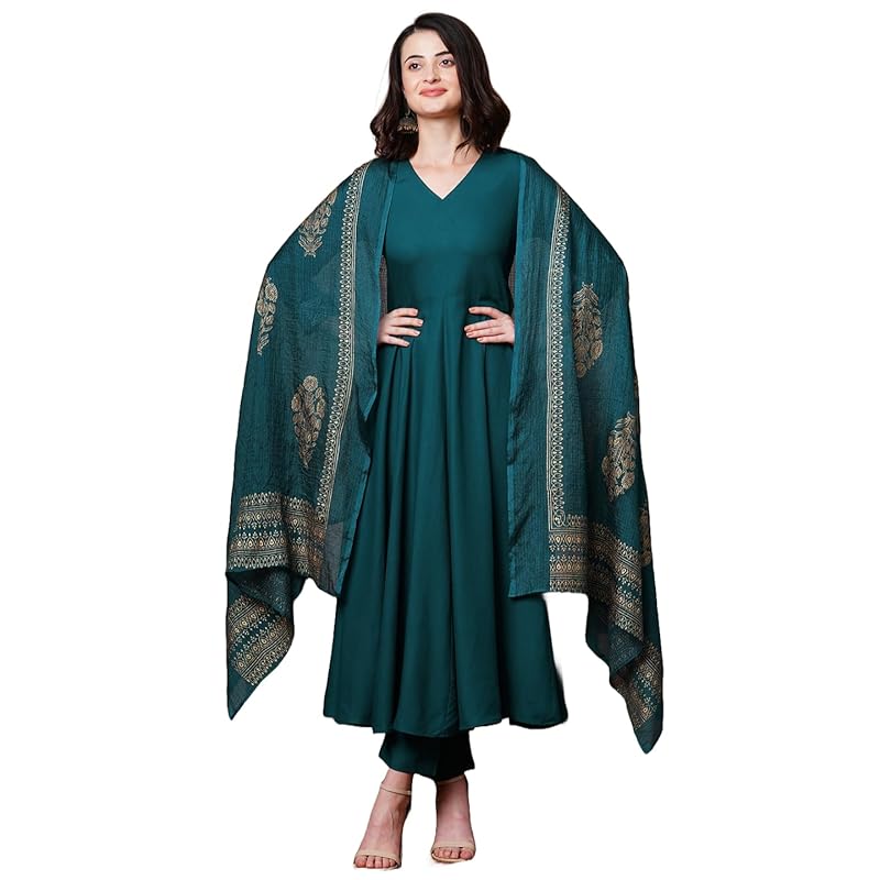 GoSriKi Women's Rayon Blend Solid Anarkali Kurta with Pant & Dupatta (Magic-KEROSIN-NB-GS_M_Dark Blue_Medium)